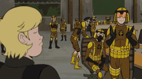 a cartoon of a group of soldiers with one wearing a helmet that has the letter s on it