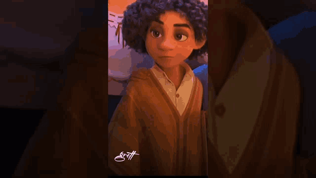 a close up of a cartoon character wearing a brown sweater and a white shirt .
