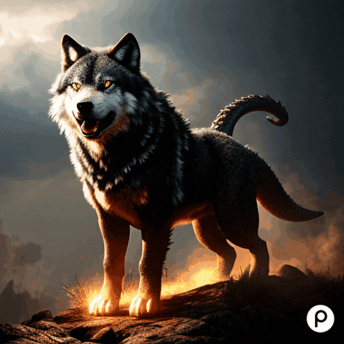 a wolf with a dragon tail is standing on a rock in front of a fire