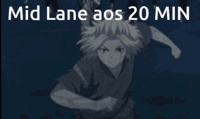 a group of people in a dark room with the words mid lane aos 20 min on the bottom
