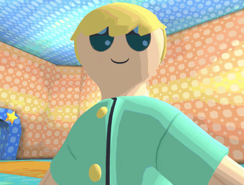 a cartoon character with blonde hair and blue eyes is standing in a room with polka dot wallpaper