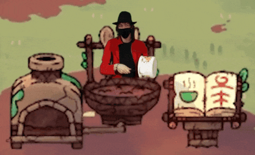 a man in a mask sits at a table with a bowl of food and a book that says ' ok ' on it