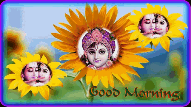 a good morning greeting card with a picture of a krishna on a sunflower