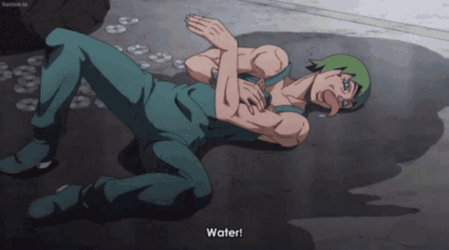 a man with green hair is laying on the ground with his tongue hanging out and says water