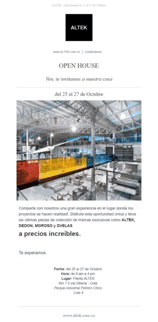an advertisement for an open house by altek in october