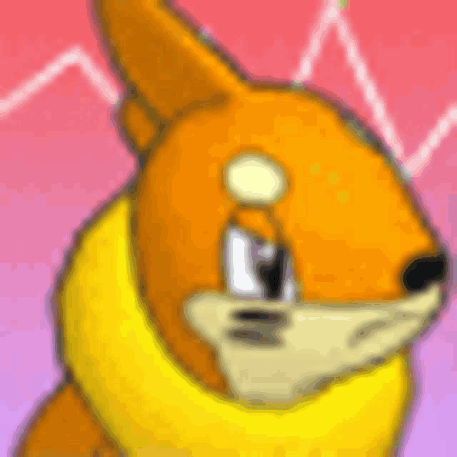 a close up of a cartoon rabbit with a yellow collar on a pink background .