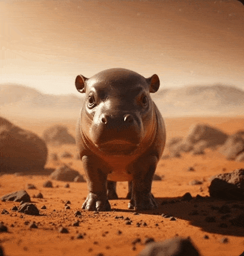 a baby hippopotamus standing in the dirt and rocks
