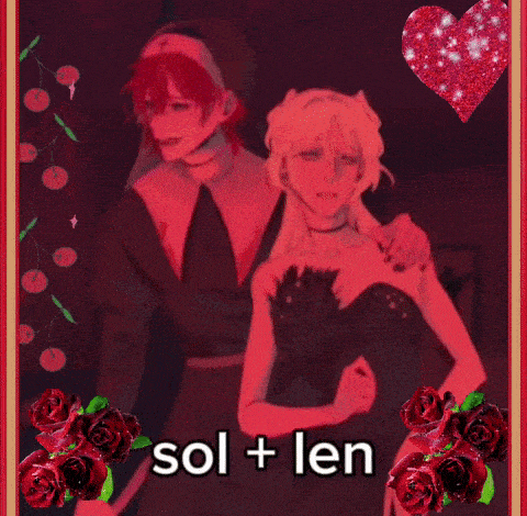 a couple of anime characters standing next to each other with the words sol + len written on the bottom