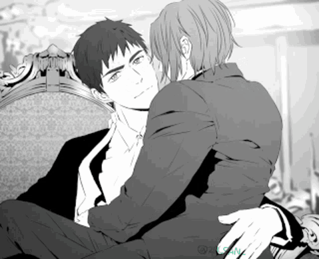 a black and white drawing of two men hugging each other with a green watermark on the bottom right corner