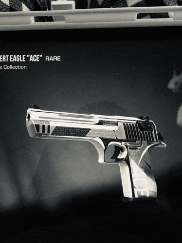 a black and white photo of a desert eagle " ace " gun