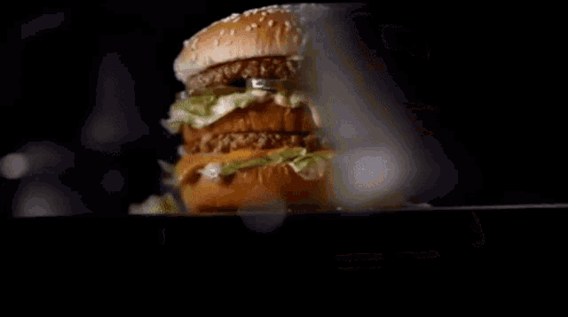 a close up of a hamburger with sesame seeds on the bun