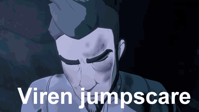a cartoon of a man with the words viren jumpscare behind him