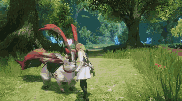 a woman riding a dragon in a video game with trees in the background