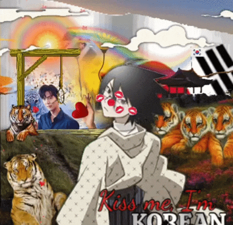 a cartoon of a girl holding a heart with the words kiss me i 'm korean on the bottom