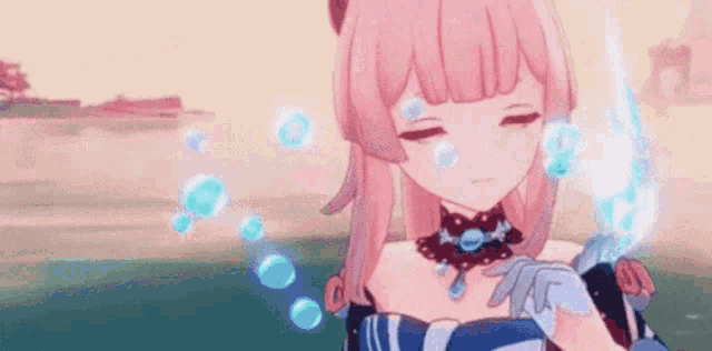 a pink haired anime girl is holding a sword in her hand .
