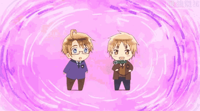 a couple of anime characters are standing next to each other .