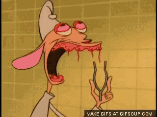 a cartoon character with blood coming out of his mouth is holding a whisk