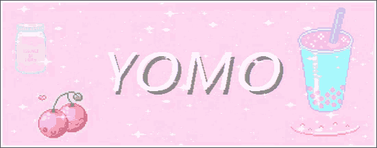 the word yomo is on a pink background with a cherry and a drink
