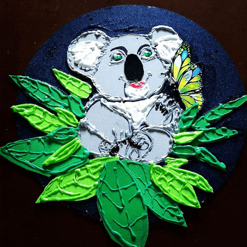 a painting of a koala bear with a butterfly