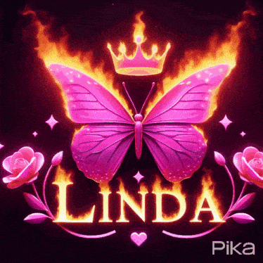 a pink butterfly with a crown and the name linda in flames