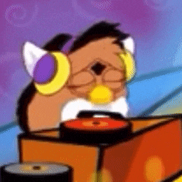 a cartoon owl wearing headphones is sitting at a table with cds