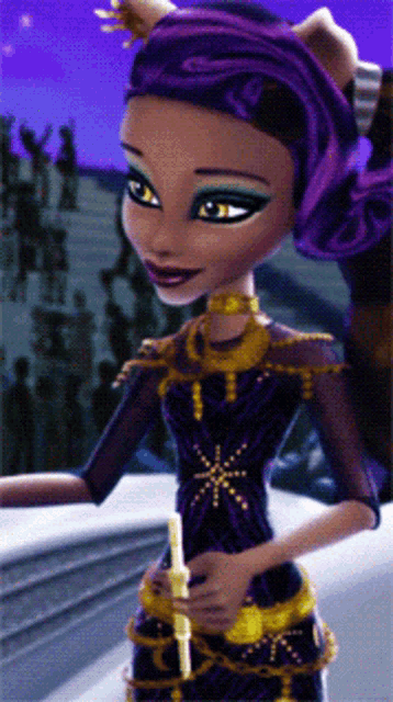 a monster high doll is wearing a black and gold dress