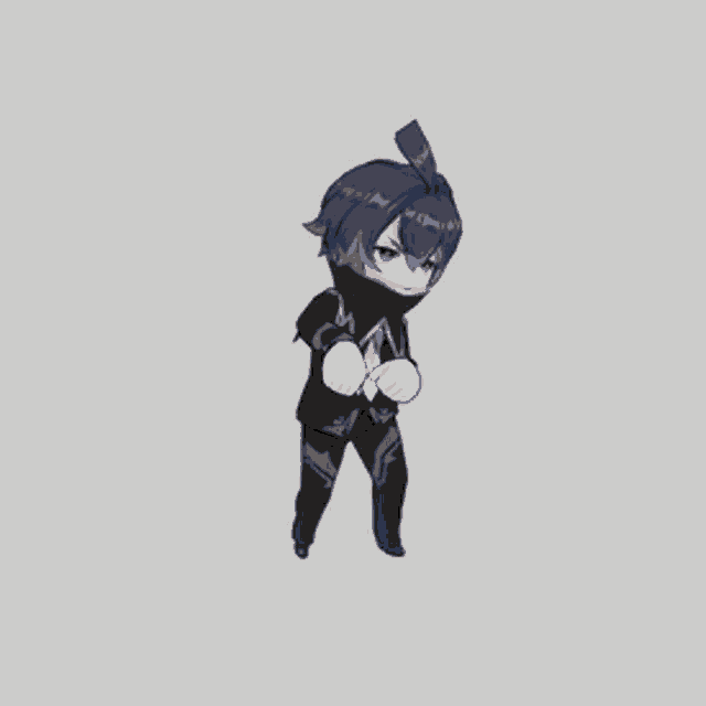 a cartoon character with blue hair is walking on a white background