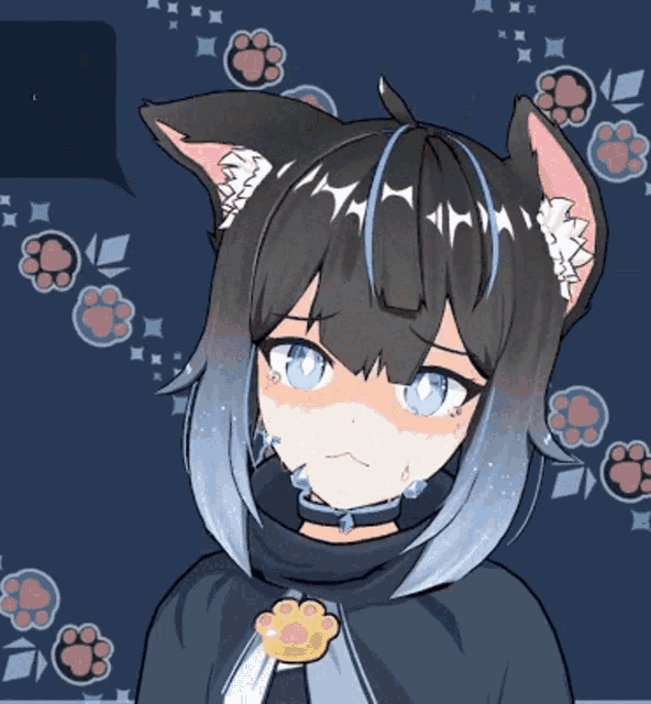 a drawing of a girl with cat ears and paw prints on the background
