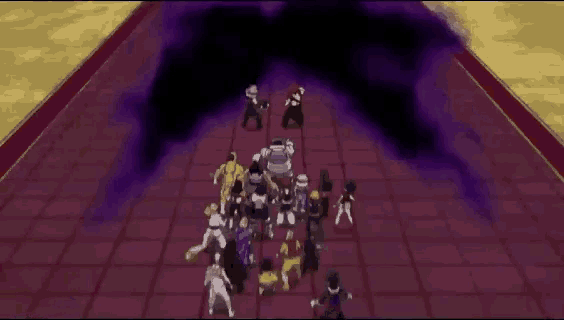 a group of cartoon characters are standing on a tiled floor in a room .