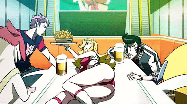 a cartoon shows a man holding a tray of french fries and a woman laying on the floor holding beer mugs