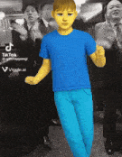 a boy wearing a blue shirt and blue pants is dancing