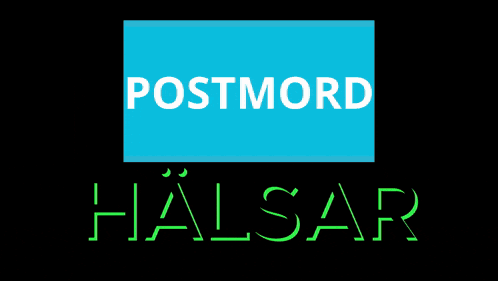a blue box with the word postmord in white letters