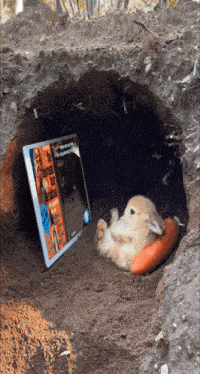 a rabbit is laying in a hole next to a tablet that says the british dirt musical on it