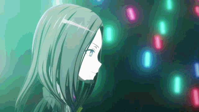 a girl with long green hair stands in front of a blurred background of lights