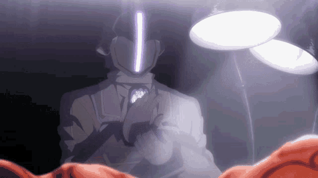 a man in a suit and tie is standing in a dark room with a light coming out of his face
