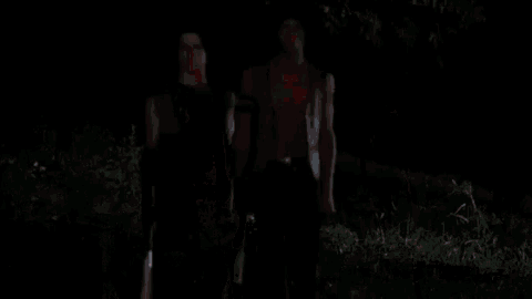 a man and a woman are walking in the dark .