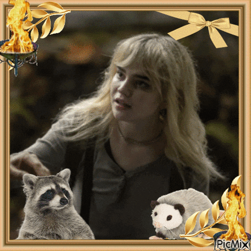 a picture of a woman holding a raccoon and a hedgehog with a picmix watermark