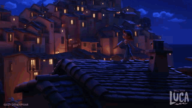 a poster for the movie luca shows a boy standing on a roof