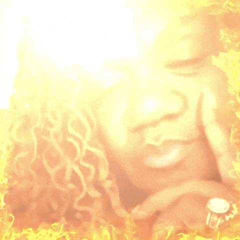 a woman with curly hair and a ring on her finger is surrounded by fire .