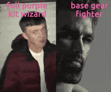 a full purple kit wizard and a base gear fighter standing next to each other