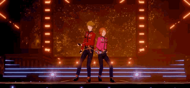 two anime characters are standing next to each other on a stage .