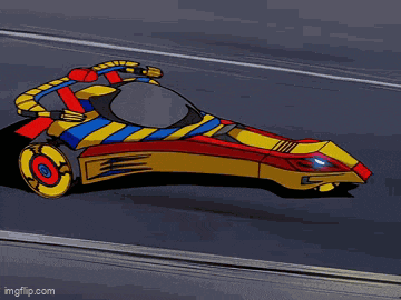 a colorful cartoon car is driving down a street