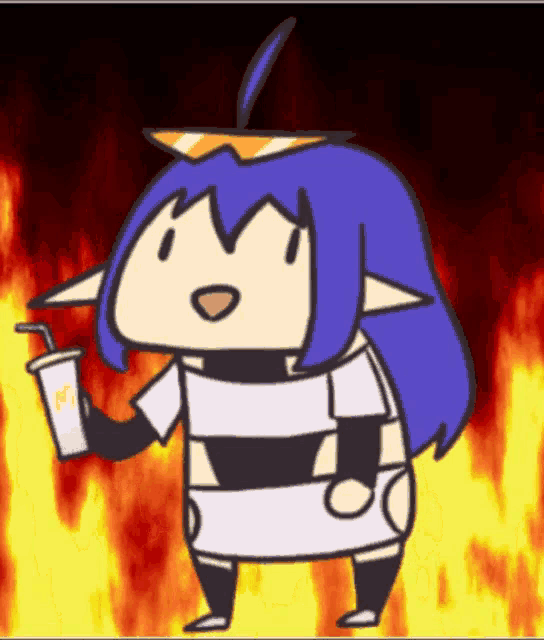 a cartoon character with blue hair is holding a mcdonalds drink