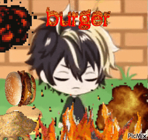 a cartoon of a boy with a hamburger on his head and the word burger above him