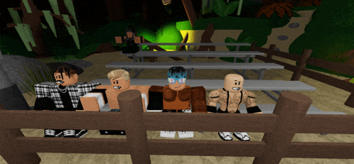 a group of roblox characters are sitting on a bench