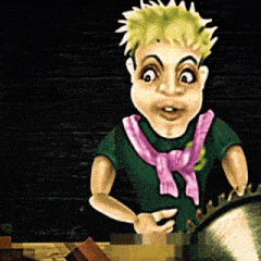 a cartoon character wearing a pink scarf and a green shirt