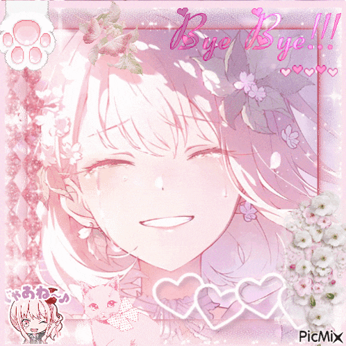 a picture of a girl with flowers in her hair and the words bye bye