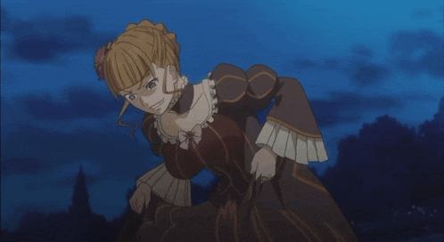 a woman in a red and brown dress stands in front of a blue sky