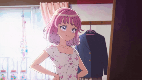 a girl with pink hair and blue eyes stands in front of a mirror