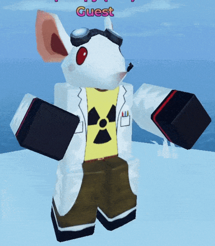 a cartoon mouse wearing a goggles and a yellow shirt with a radiation symbol on it